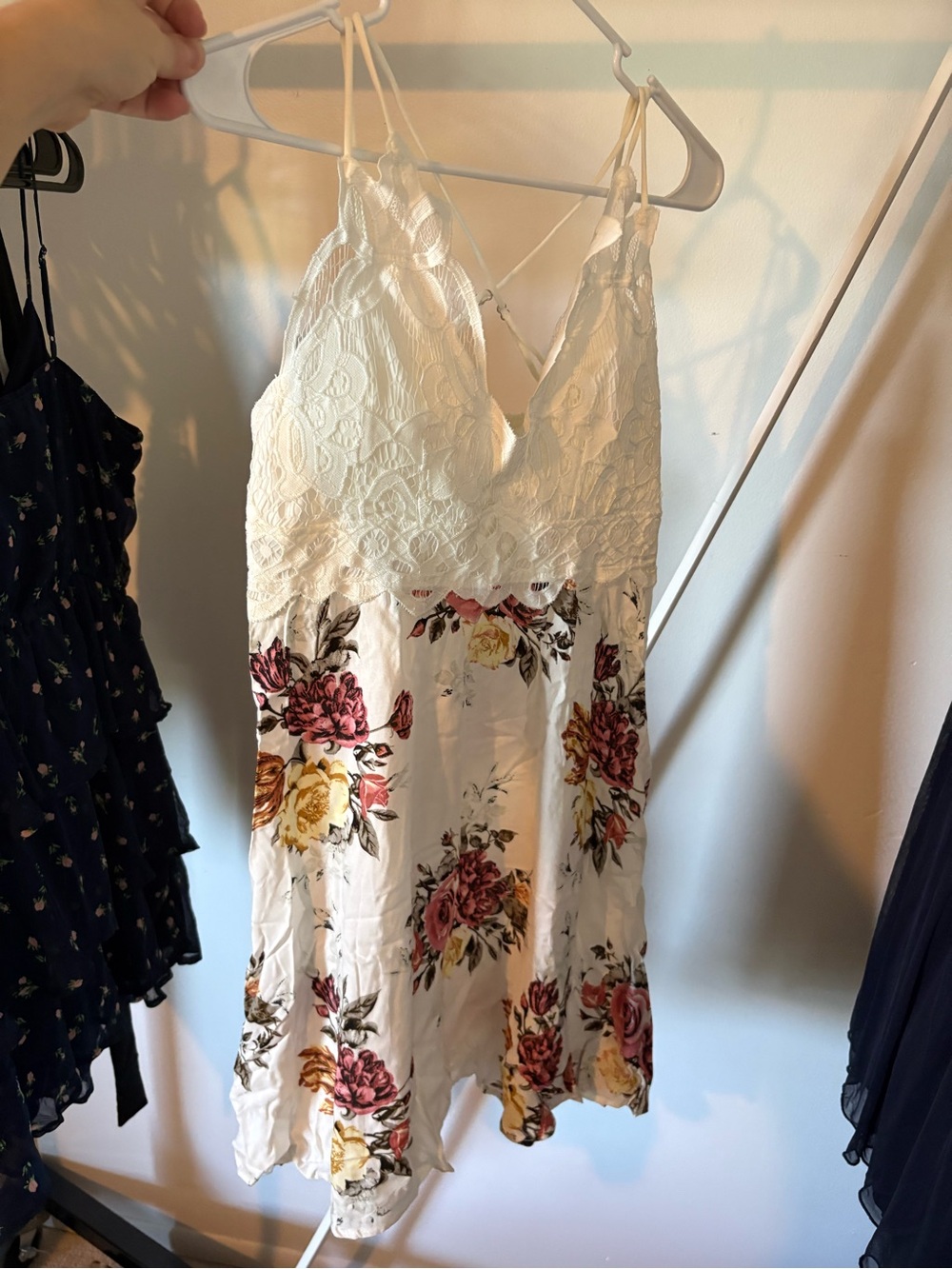 White Floral Lace-Top Mini Dress with Spaghetti Straps